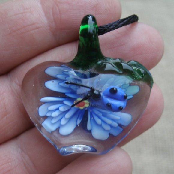 Murano Glass Apple Lady Bug Blue Flower Necklace - Picture 3 of 14